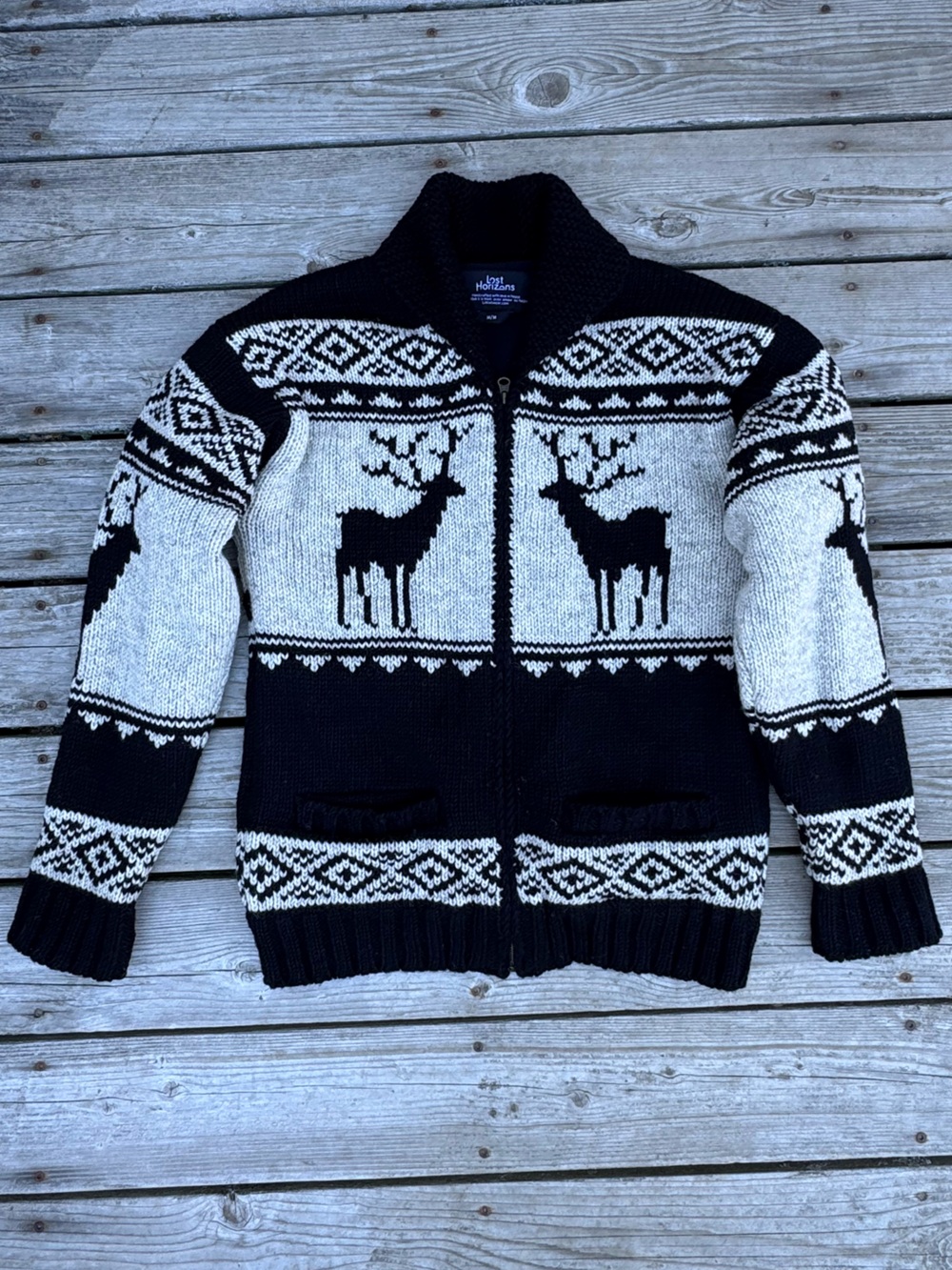 Garnet Hill Lost Horizons wool reindeer cardigan heavy knit zip